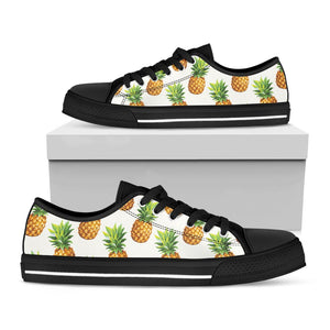 White Pineapple Pattern Print Black Low Top Sneakers