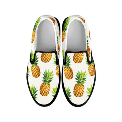White Pineapple Pattern Print Black Slip On Sneakers