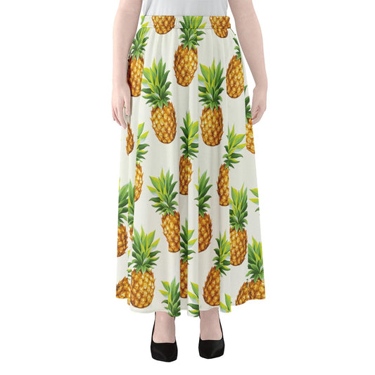 White Pineapple Pattern Print Chiffon Maxi Skirt