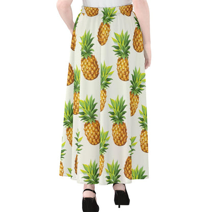 White Pineapple Pattern Print Chiffon Maxi Skirt