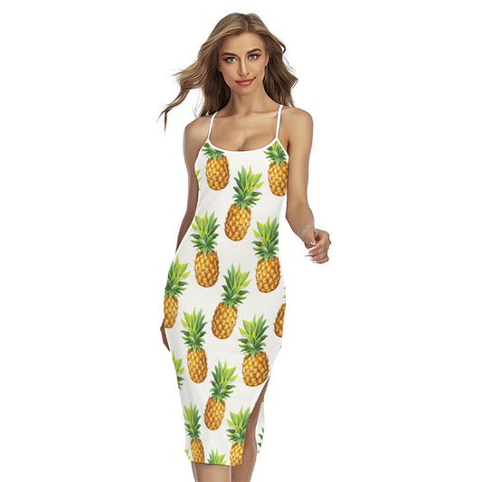 White Pineapple Pattern Print Cross Back Cami Dress