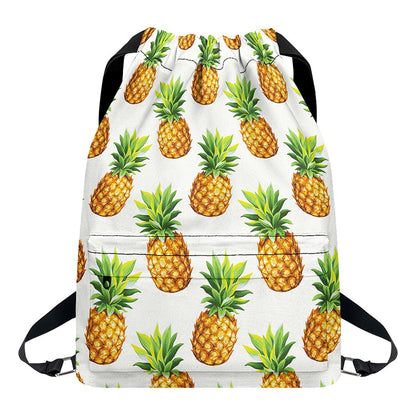 White Pineapple Pattern Print Drawstring Backpack