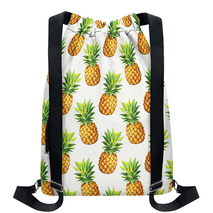 White Pineapple Pattern Print Drawstring Backpack