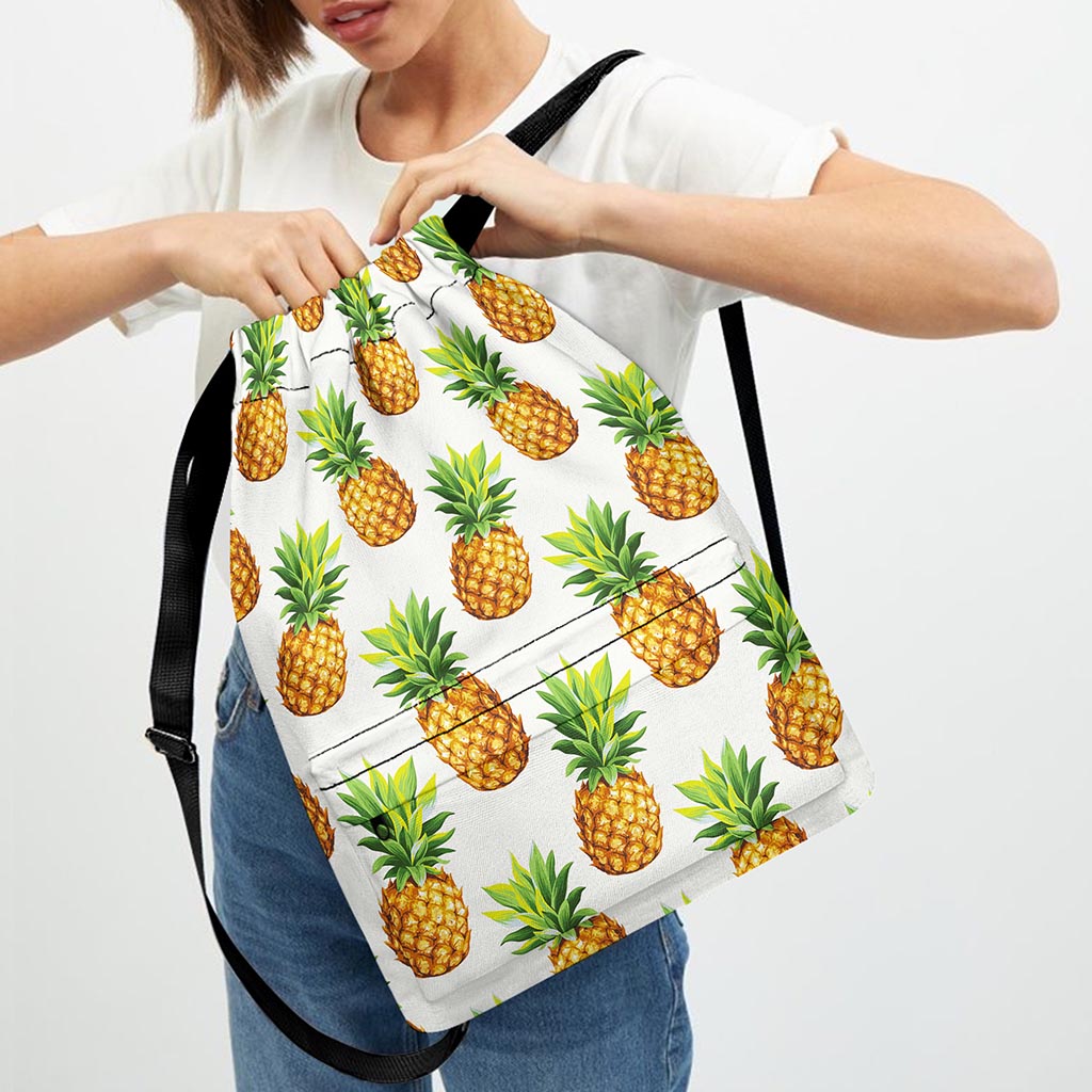 White Pineapple Pattern Print Drawstring Backpack