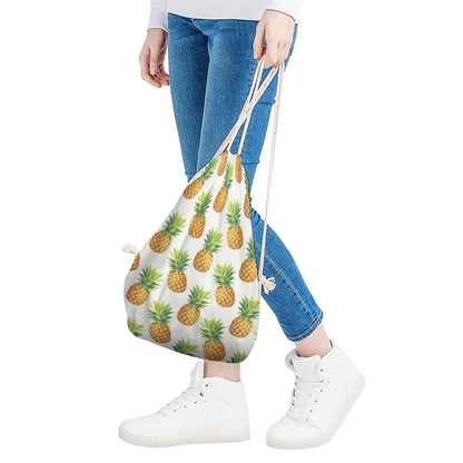 White Pineapple Pattern Print Drawstring Bag