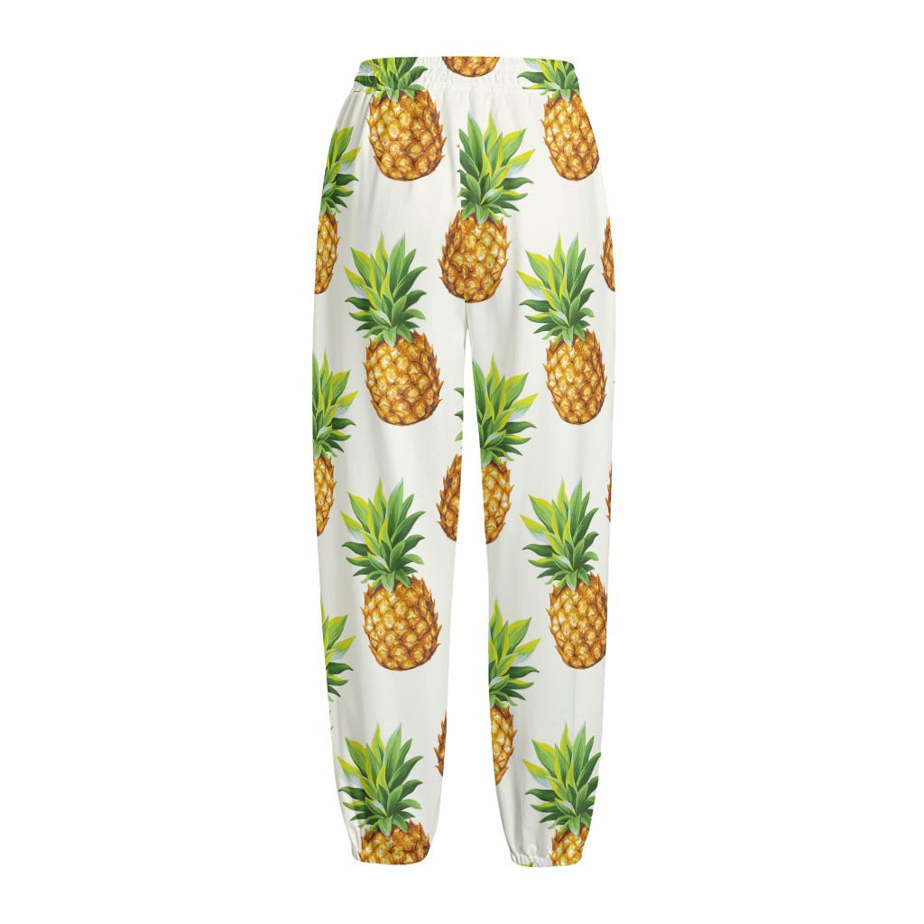 White Pineapple Pattern Print Fleece Lined Knit Pants