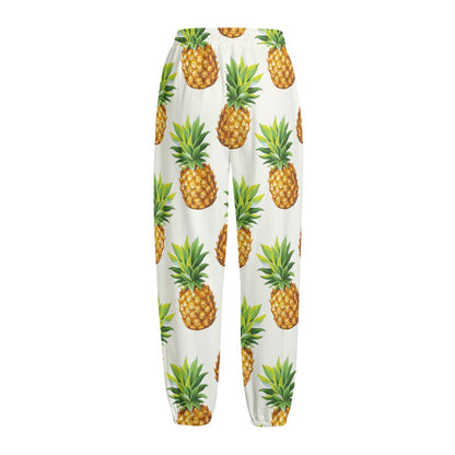 White Pineapple Pattern Print Fleece Lined Knit Pants