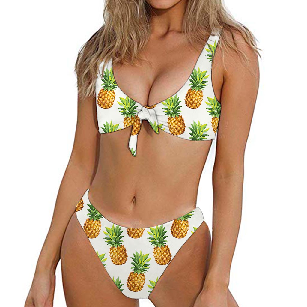 White Pineapple Pattern Print Front Bow Tie Bikini