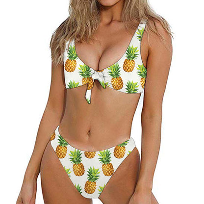 White Pineapple Pattern Print Front Bow Tie Bikini