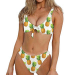 White Pineapple Pattern Print Front Bow Tie Bikini