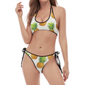 White Pineapple Pattern Print Halter Scoop Tie Side Bikini