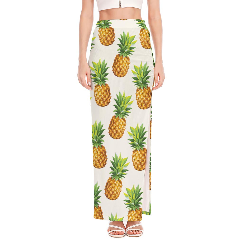 White Pineapple Pattern Print High Slit Maxi Skirt