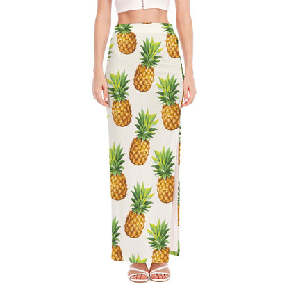 White Pineapple Pattern Print High Slit Maxi Skirt