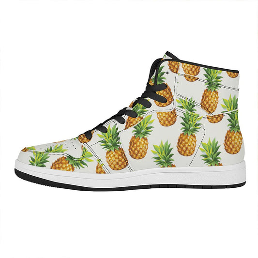 White Pineapple Pattern Print High Top Leather Sneakers