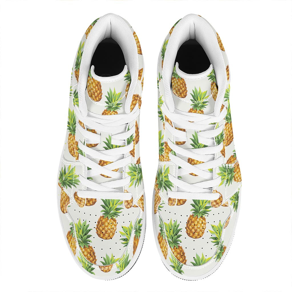 White Pineapple Pattern Print High Top Leather Sneakers