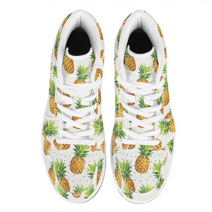 White Pineapple Pattern Print High Top Leather Sneakers