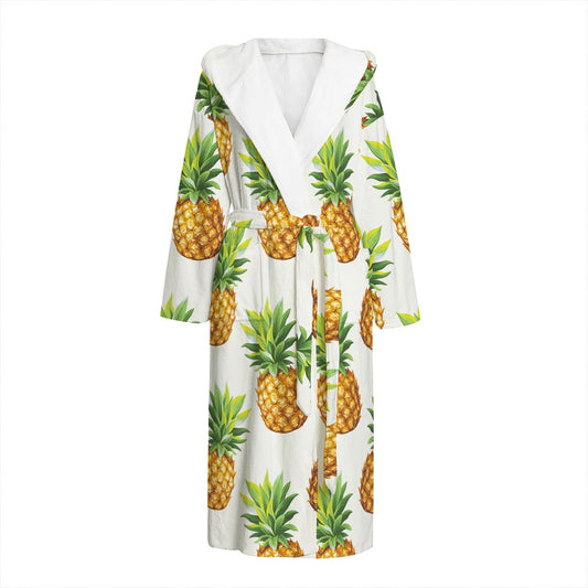 White Pineapple Pattern Print Hooded Bathrobe