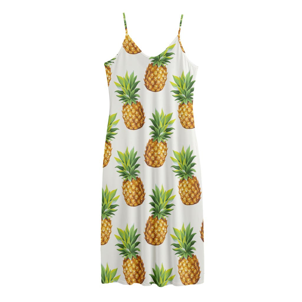 White Pineapple Pattern Print Jersey Midi Cami Dress