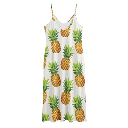 White Pineapple Pattern Print Jersey Midi Cami Dress