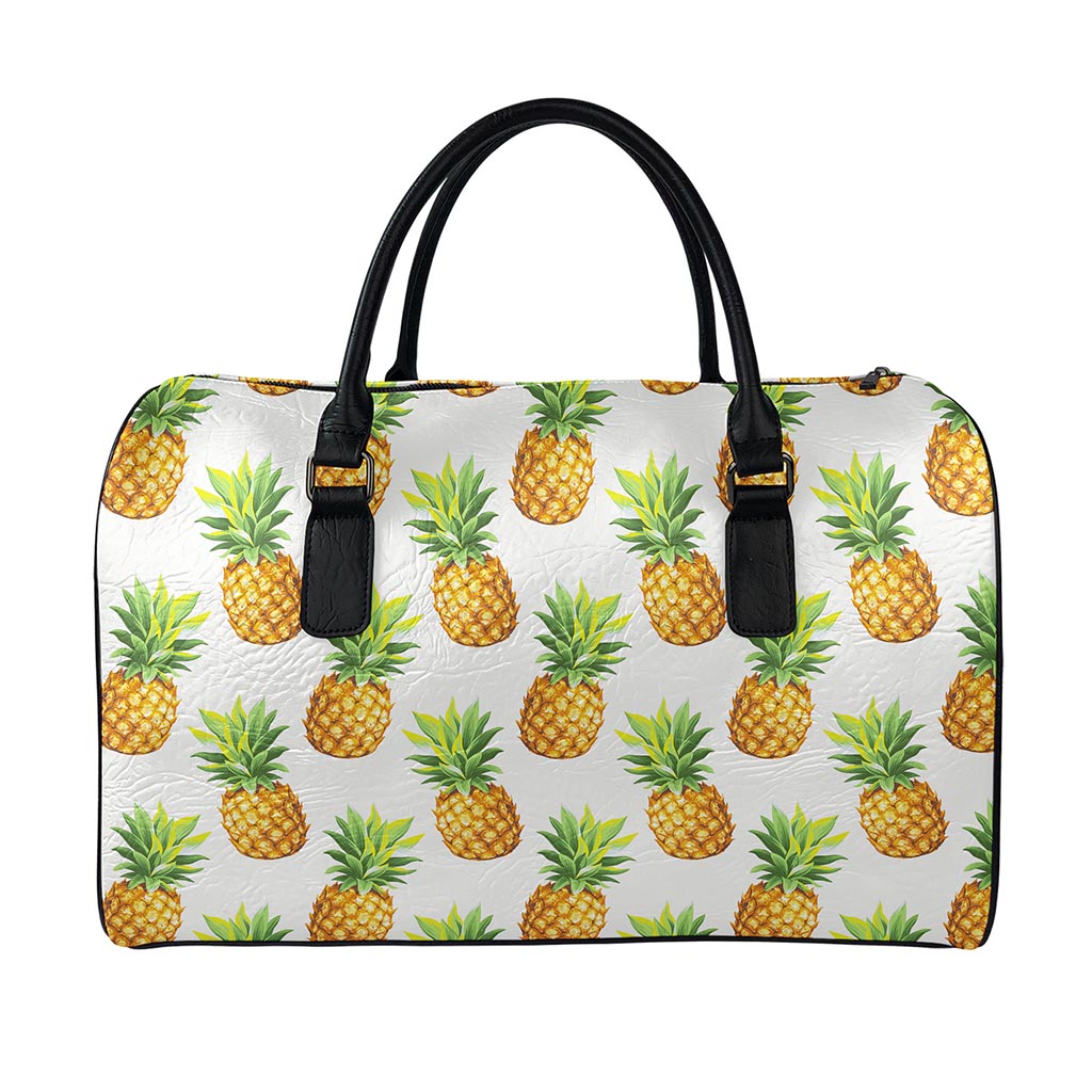 White Pineapple Pattern Print Leather Duffle Bag