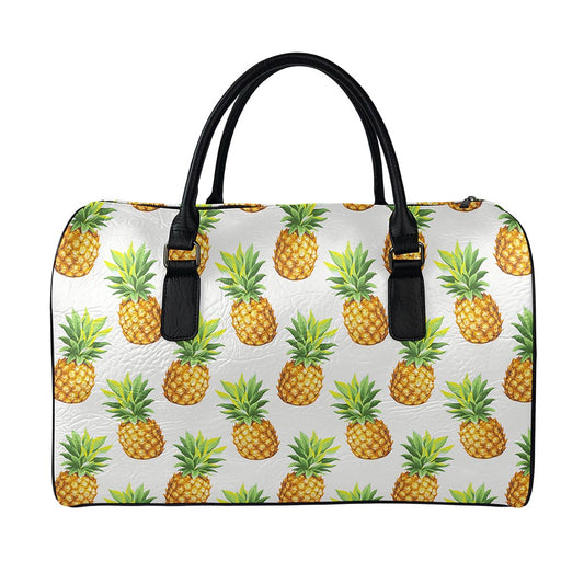 White Pineapple Pattern Print Leather Duffle Bag