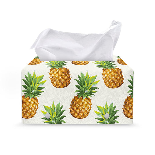White Pineapple Pattern Print Leather Tissue Box Cover