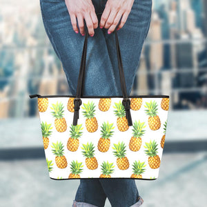 White Pineapple Pattern Print Leather Tote Bag