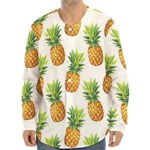 White Pineapple Pattern Print Long Sleeve Baseball Jersey