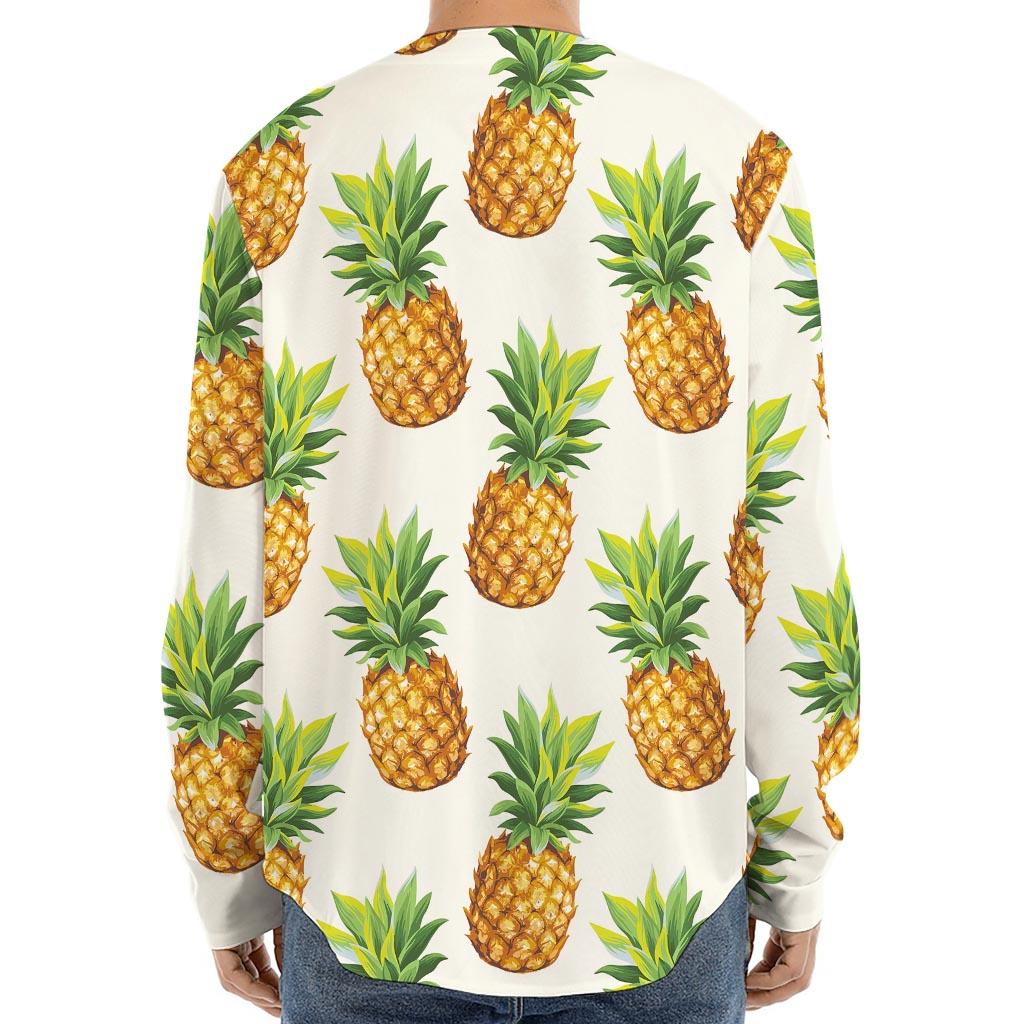 White Pineapple Pattern Print Long Sleeve Baseball Jersey