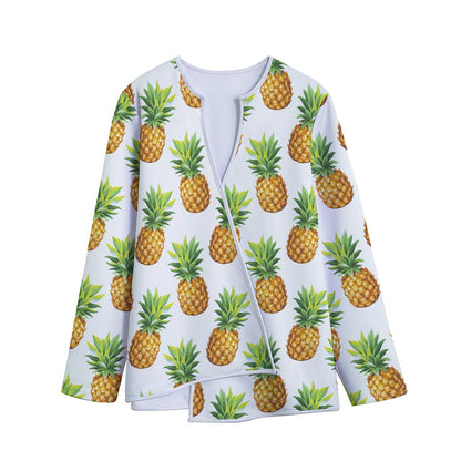 White Pineapple Pattern Print Long Sleeve Short Coat