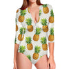 White Pineapple Pattern Print Long Sleeve Swimsuit