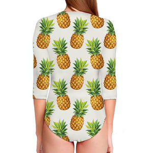 White Pineapple Pattern Print Long Sleeve Swimsuit