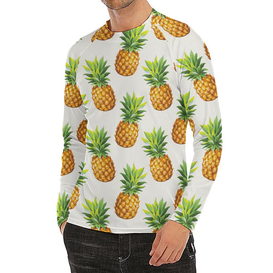 White Pineapple Pattern Print Men's Long Sleeve Rash Guard