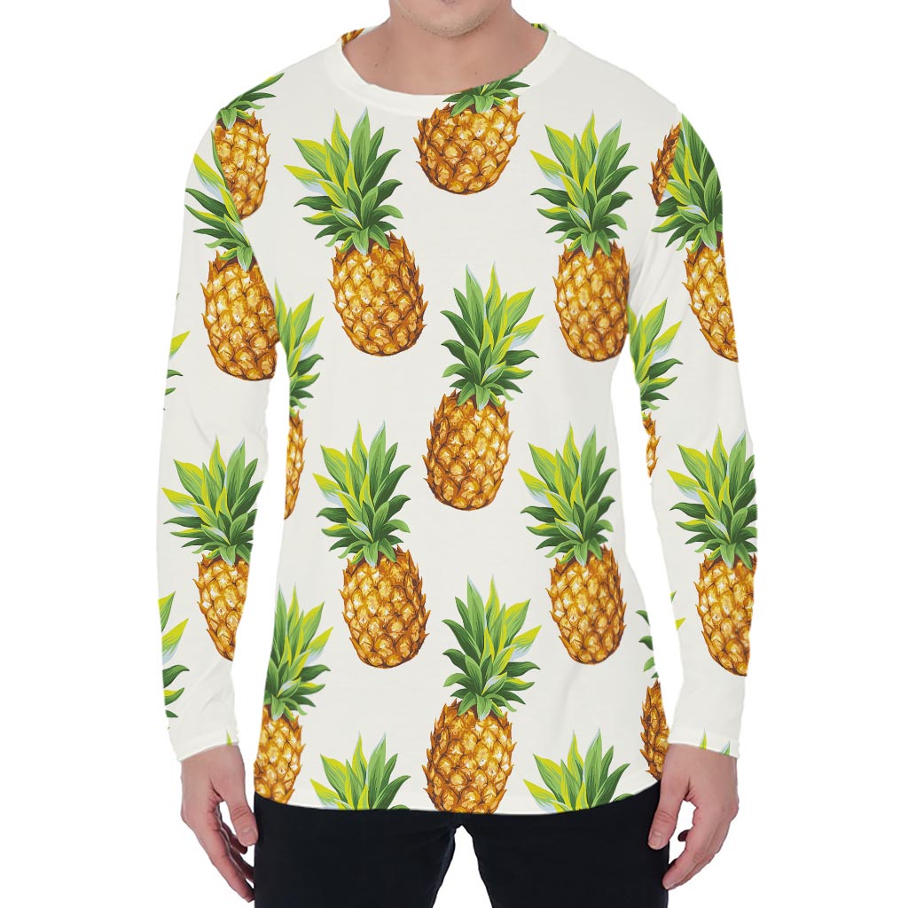 White Pineapple Pattern Print Men's Long Sleeve T-Shirt