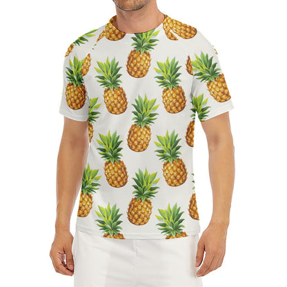 White Pineapple Pattern Print Men's Short Sleeve Rash Guard