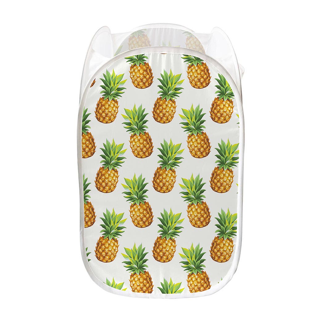 White Pineapple Pattern Print Mesh Laundry Hamper