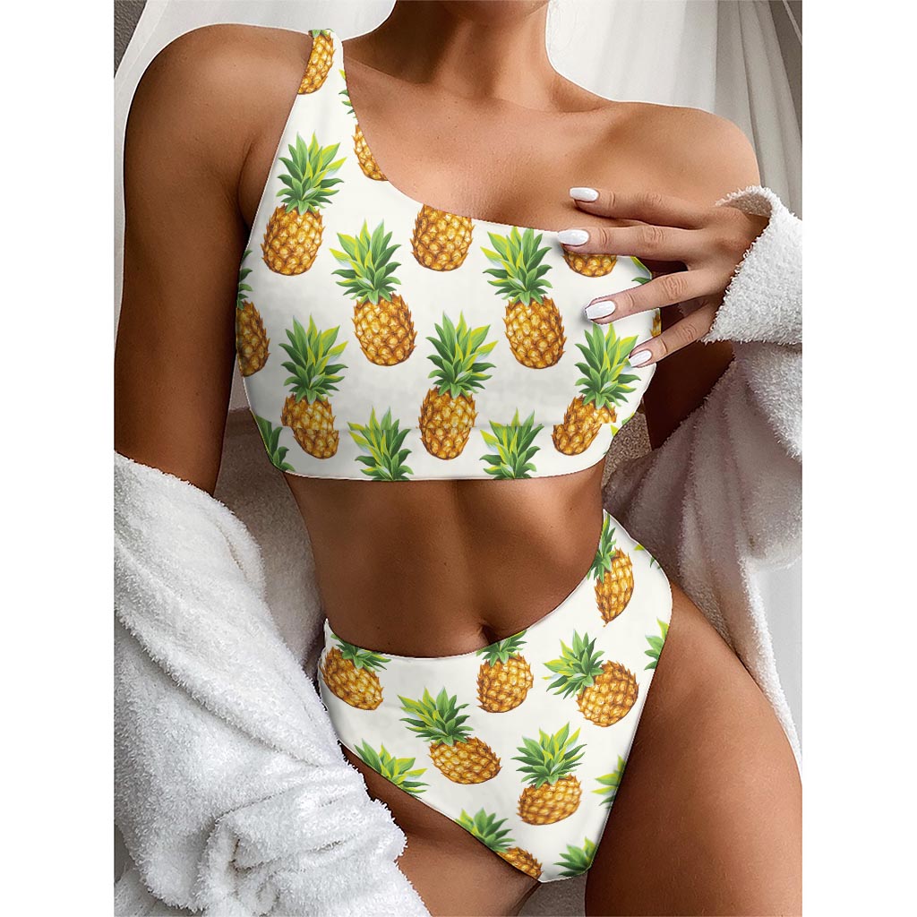 White Pineapple Pattern Print One Shoulder Bikini Top