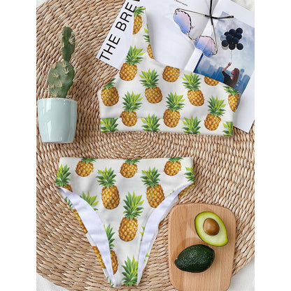 White Pineapple Pattern Print One Shoulder Bikini Top