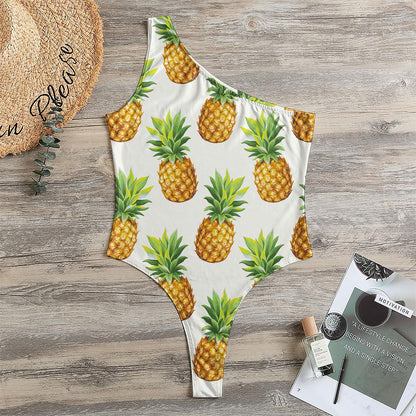 White Pineapple Pattern Print One Shoulder Bodysuit