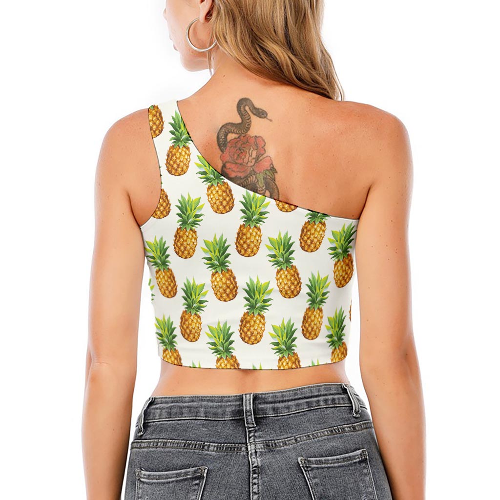 White Pineapple Pattern Print One Shoulder Crop Top