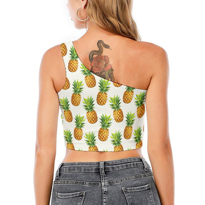White Pineapple Pattern Print One Shoulder Crop Top