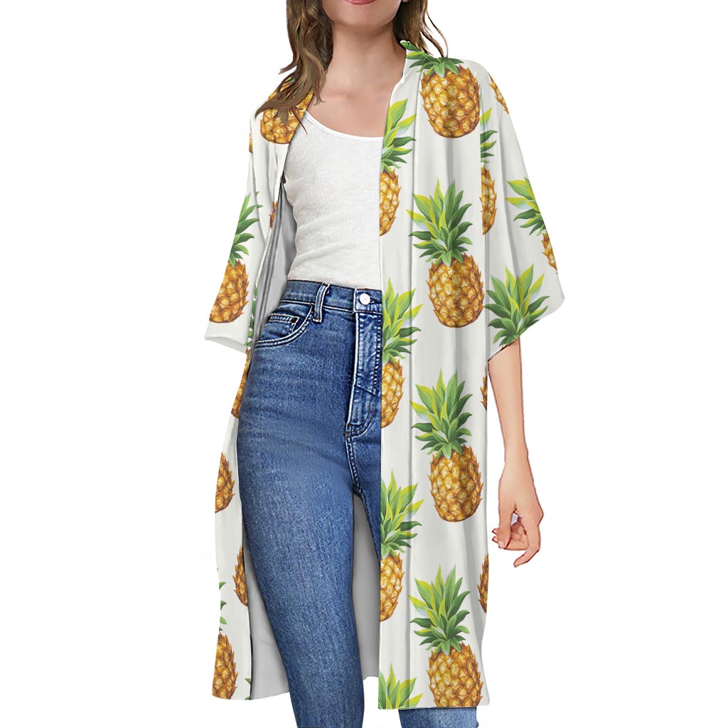 White Pineapple Pattern Print Open Front Beach Cover Up
