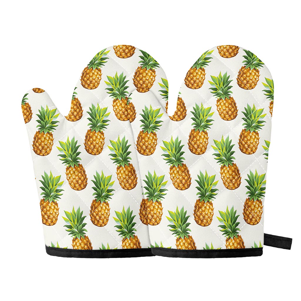 White Pineapple Pattern Print Oven Mitts
