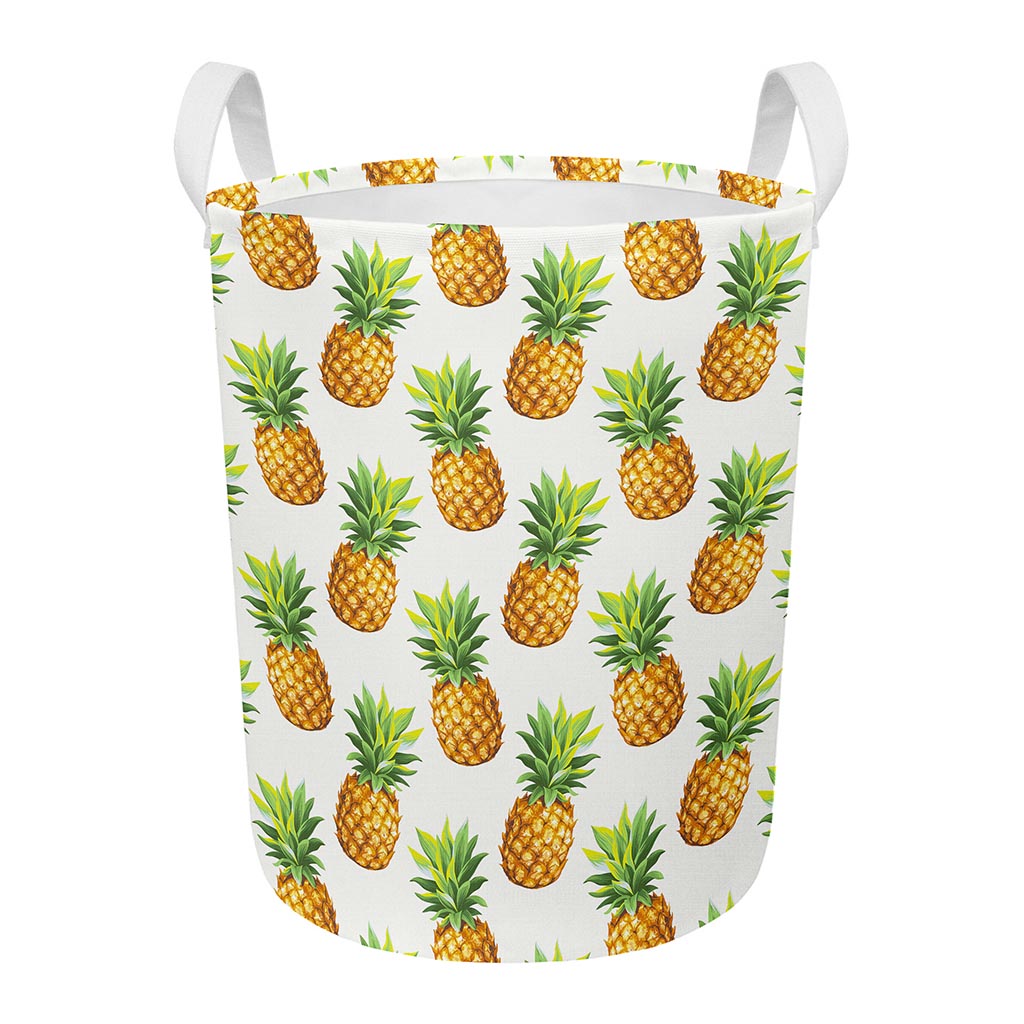 White Pineapple Pattern Print Round Laundry Basket