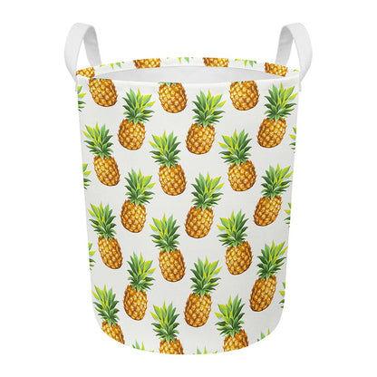 White Pineapple Pattern Print Round Laundry Basket