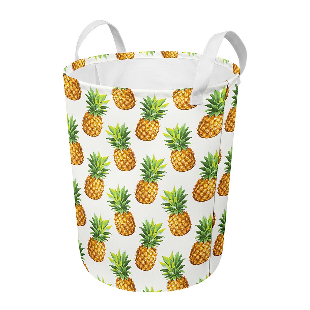 White Pineapple Pattern Print Round Laundry Basket