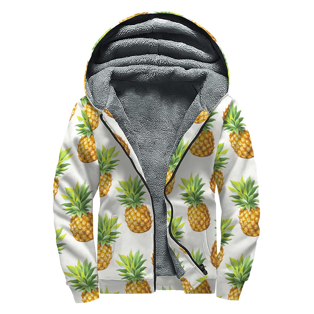 White Pineapple Pattern Print Sherpa Lined Zip Up Hoodie