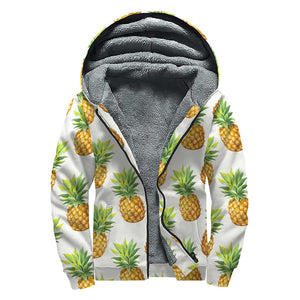 White Pineapple Pattern Print Sherpa Lined Zip Up Hoodie