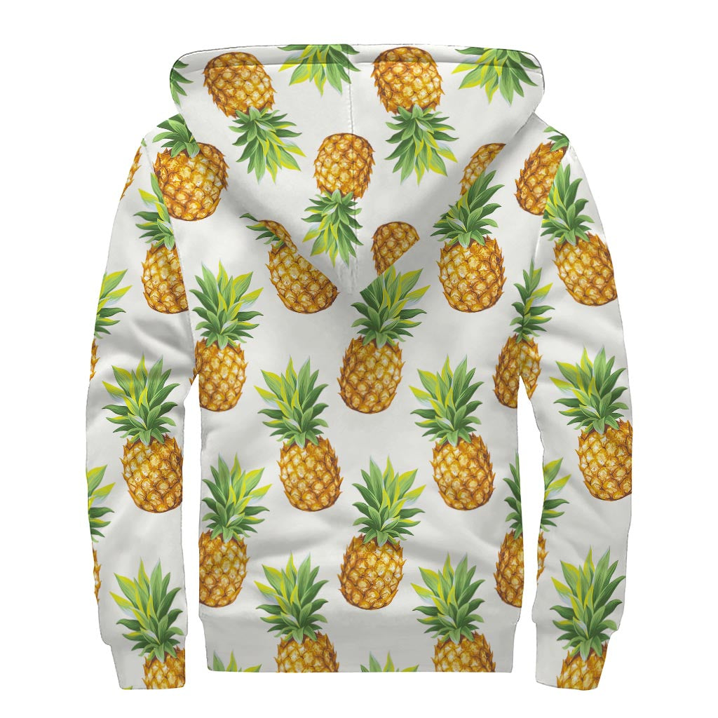 White Pineapple Pattern Print Sherpa Lined Zip Up Hoodie