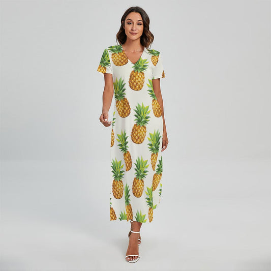 White Pineapple Pattern Print Short Sleeve Maxi Dress